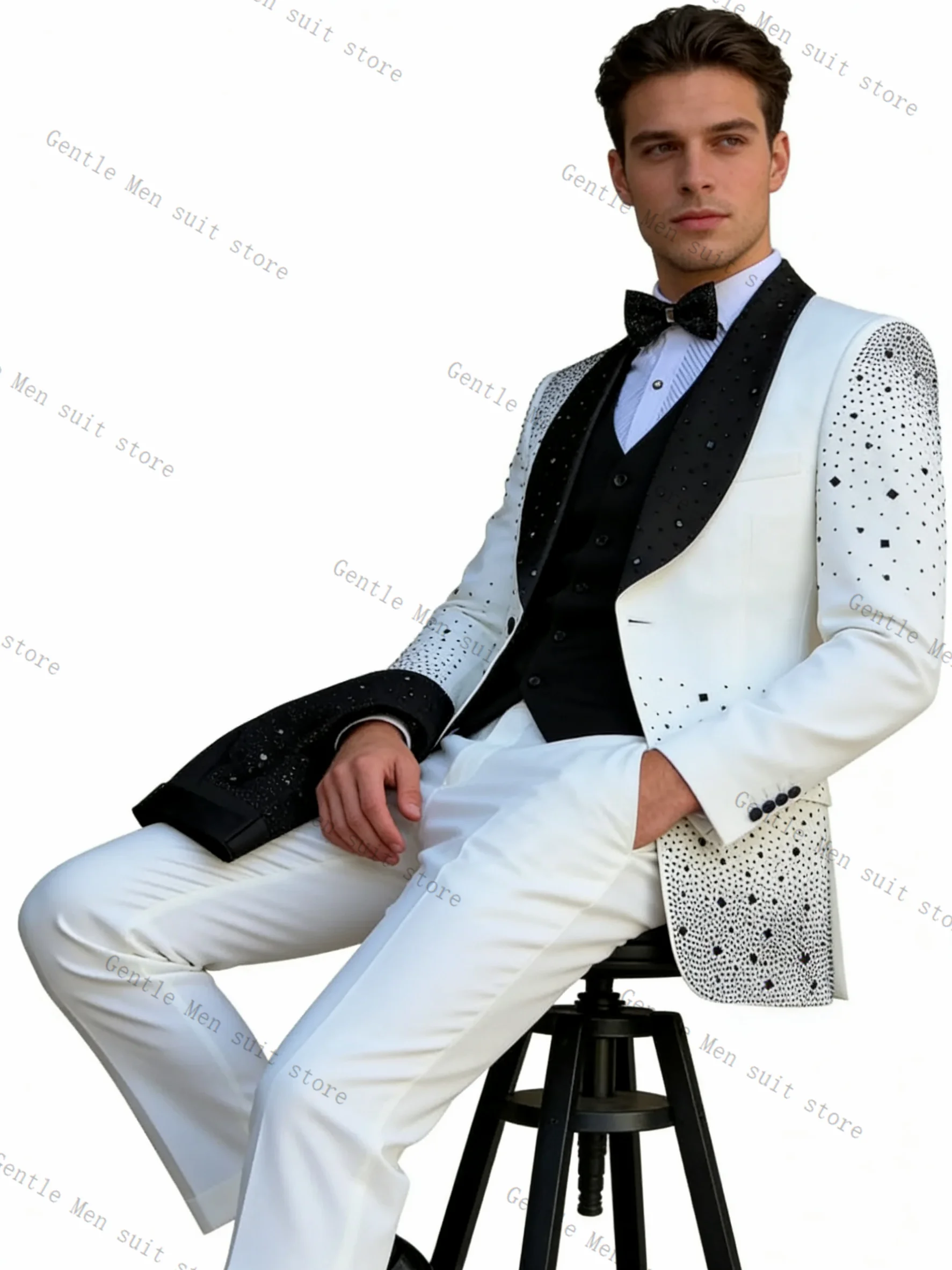 

Crystals Men Suit Set 3 Pcs Blazer+Vest+Pants Trousers Black White Wedding Tuxedo Formal Office Business Jacket Coat Customized