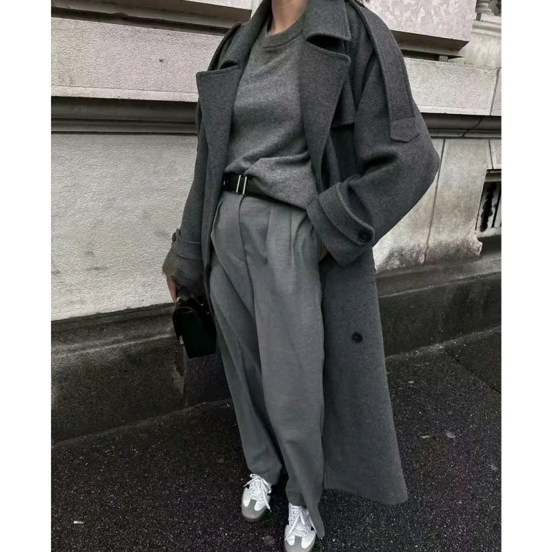 

Новое осеннее поступление, женское двубортное пальто в стиле ретро с длинным светом и отложным воротником с поясом, шерстяное пальто, верхняя одежда