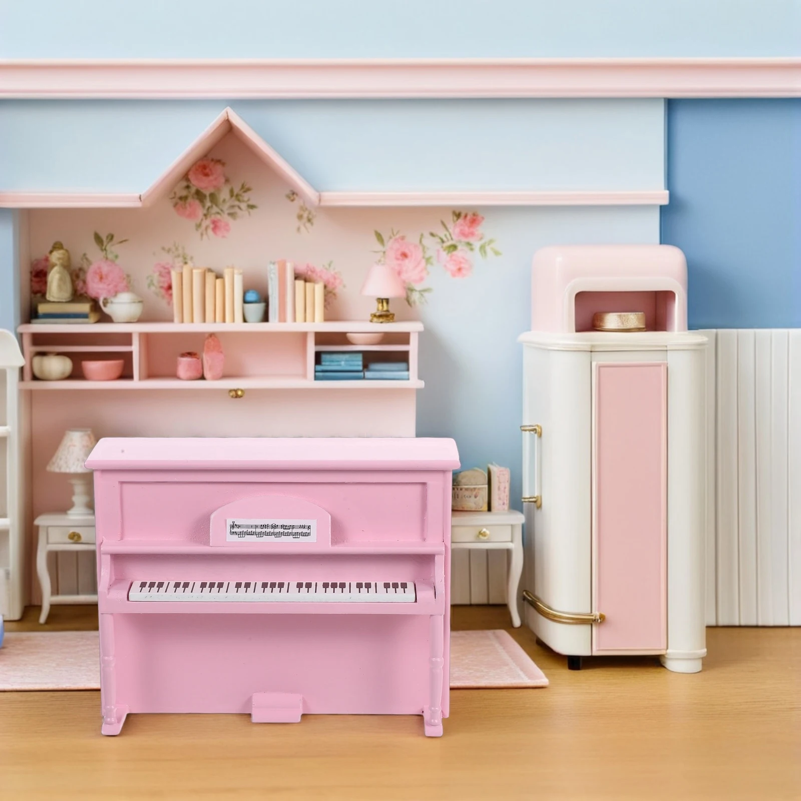 Mini Piano decorativo para casa de muñecas, teclado de jardín de hadas vertical, juguete para música, muebles de madera con taburete