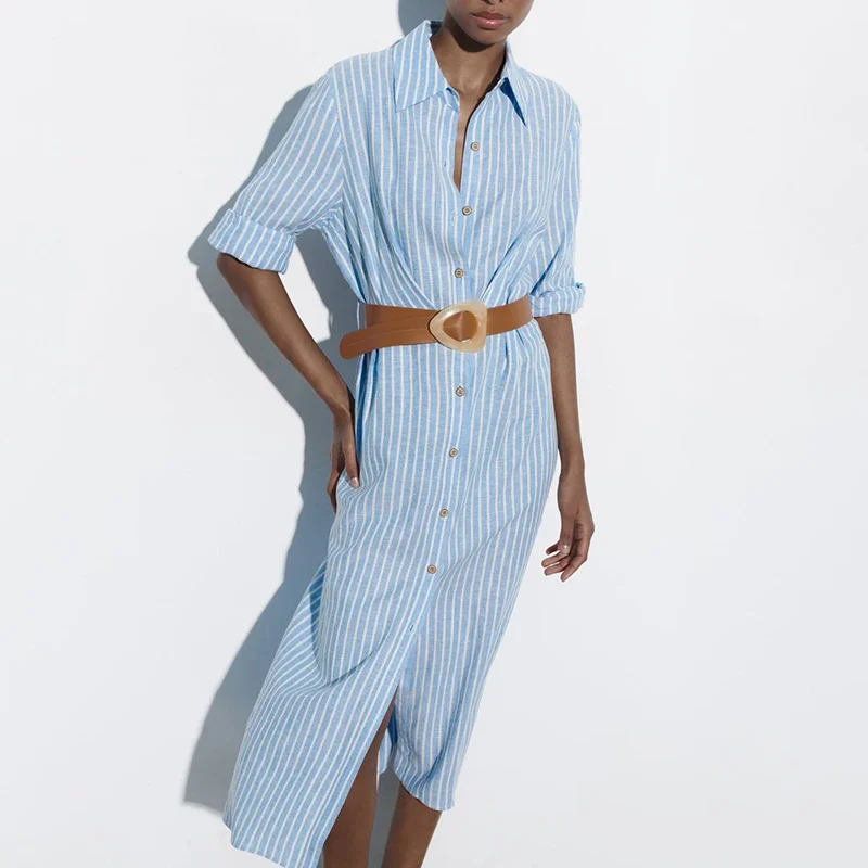 Summer Women Shirt Dress Linen Blend Stripe Print  Pleats Decoration Dress Turn Down Collar Casual Ladies Dress with Belt