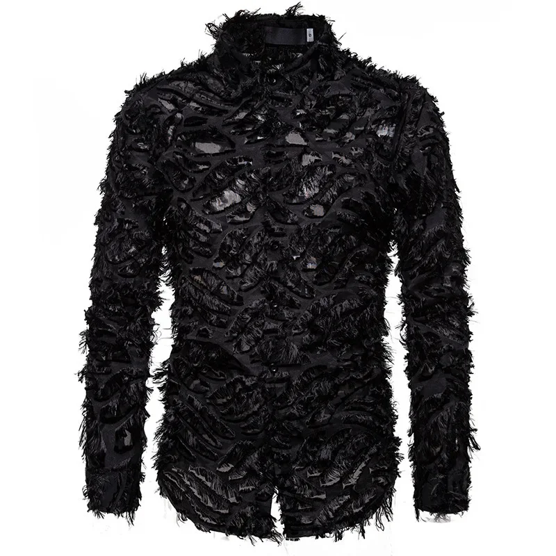 Black Feather Lace Shirt for Men 2025 New Fashion See Through Nightclub Dress Shirts Mens Event Party Prom Transparent Chemise