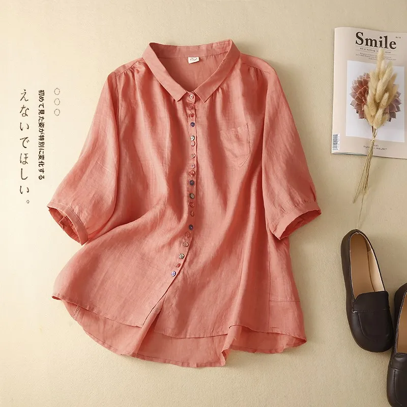Casual Cotton Linen Shirt Women's Summer Thin Pure Color Loose Fit Button up Short Sleeve Square Collar Top Commute Style