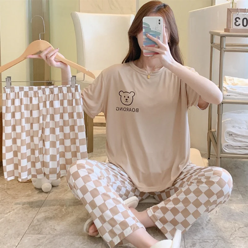 New Three-Piece Set Of Female Pregnant Women Summer Pajamas Women Short-Sleeved Trousers Casual Women\'s Pajamas Homewear Suit