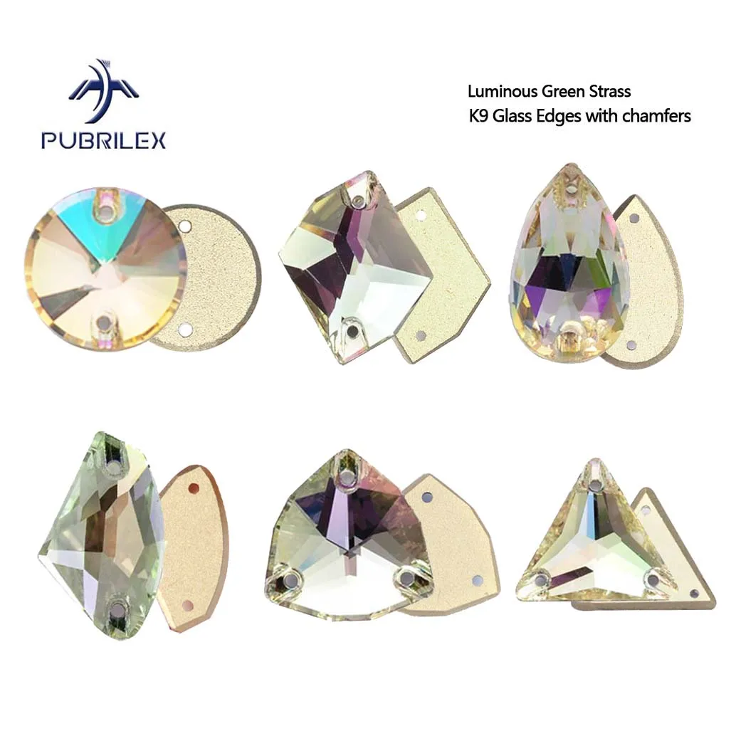PUBRILEX Luminous Green Multiple Shapes Sew On Rhinestones New Chamfered Sewing Crystal Strass for Dress Garment Decorations