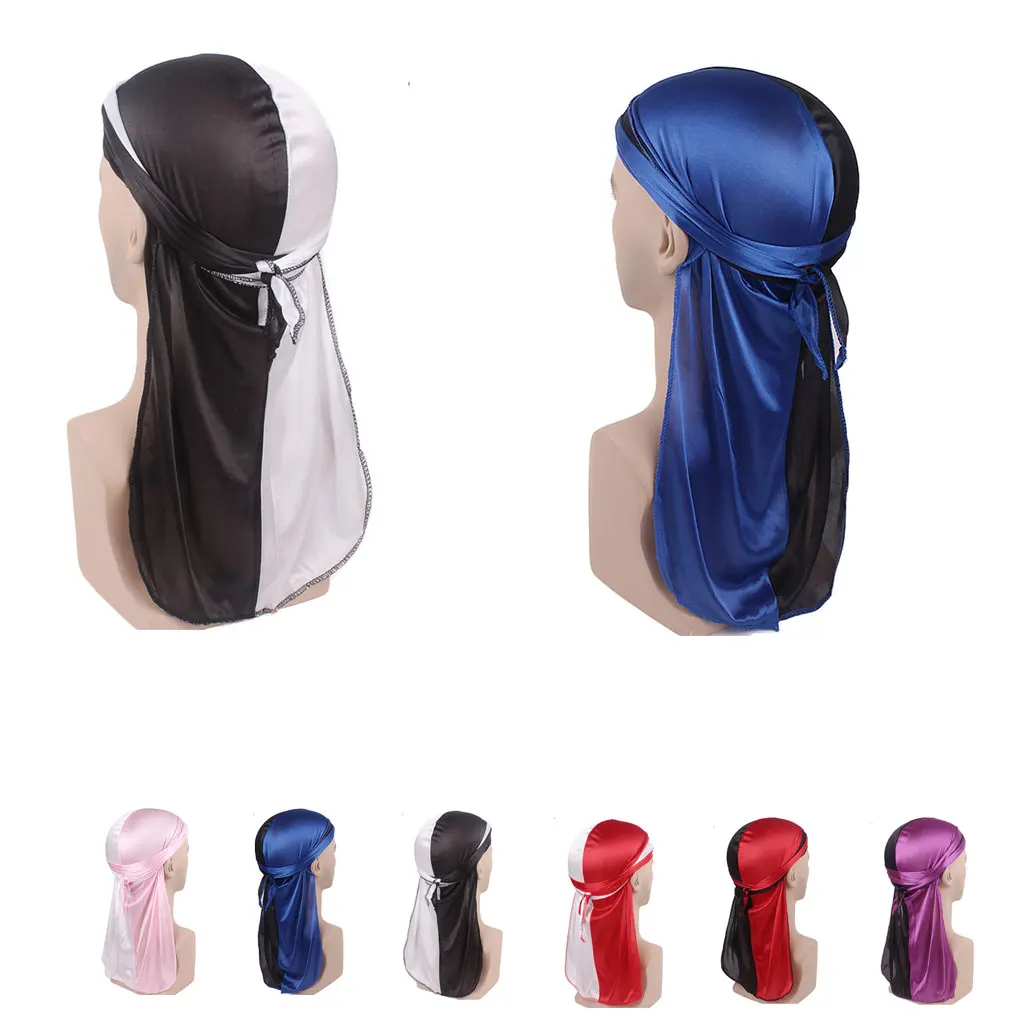 Unisex Double Color Silk Long Tail Skull Caps Hats Doorag Head Scarf Wrap Beanie Bandana Cosplay