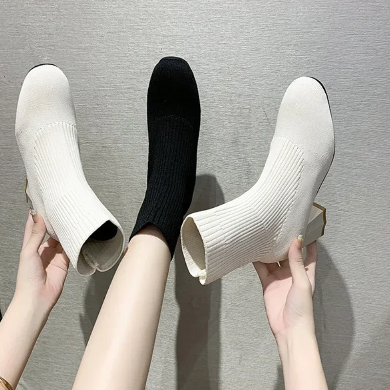 2024 Knitted Ankle Boots for Women Autumn Round-toe Thick Sole Slip on Casual Shoes Woman Light Non Slip Platform Botas Mujer