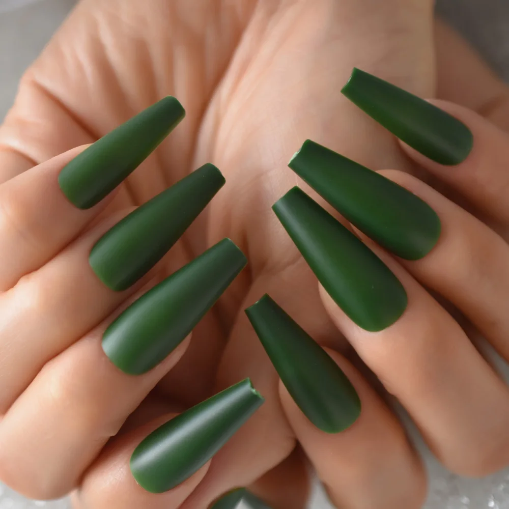 24 pçs/set dicas de unhas falsas fosco cobertura completa super longo ballet unhas falsas verde oliva ferramentas manicure francesa 1 folha cola adesivo