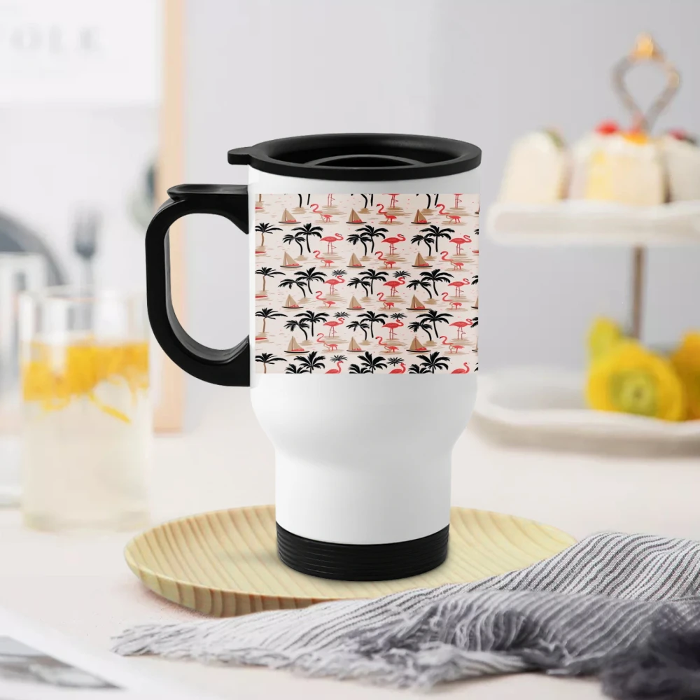 Taza de viaje con diseño de flamencos tropicales, taza de café aislada de acero inoxidable para uso en exteriores y en la oficina, 16 onzas, pieza única