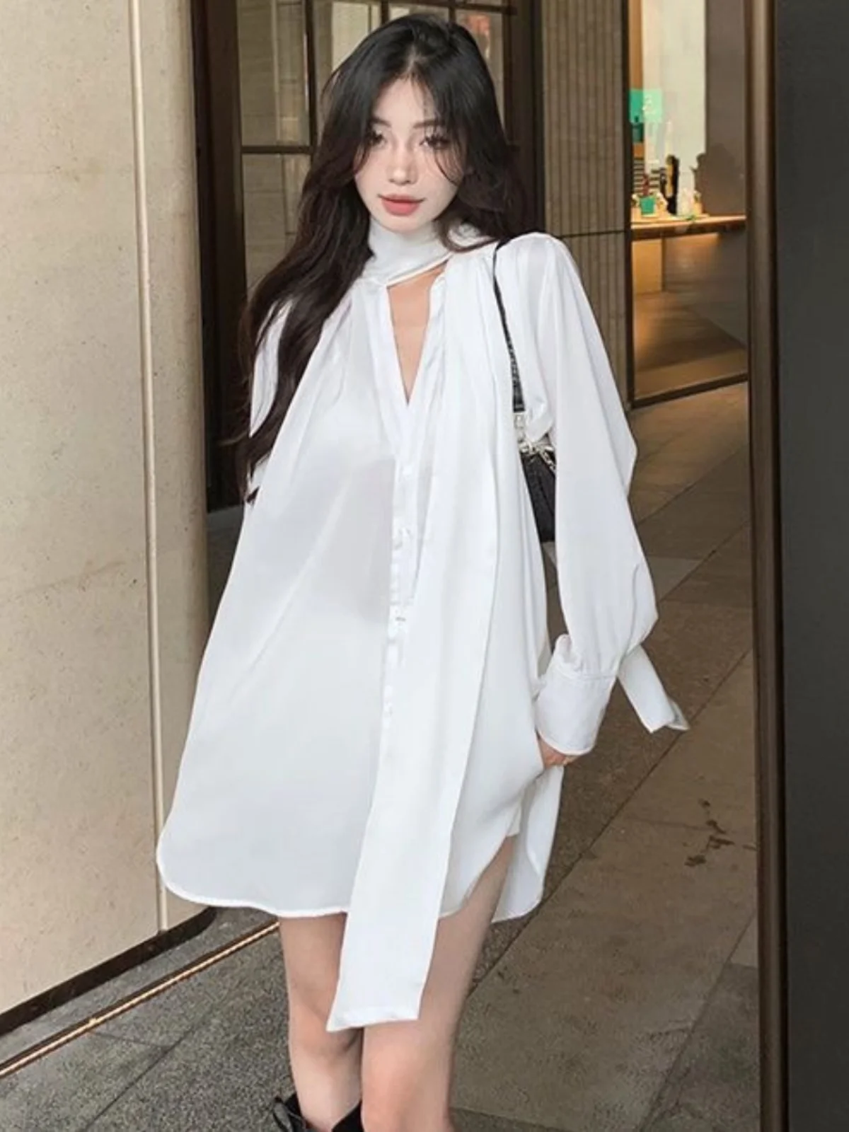 

Ele V-Ne Chiffon irt Women's Loose Slimming High-End Gentle Snowflake Pattern Office Sle Long Sve Mid-Length