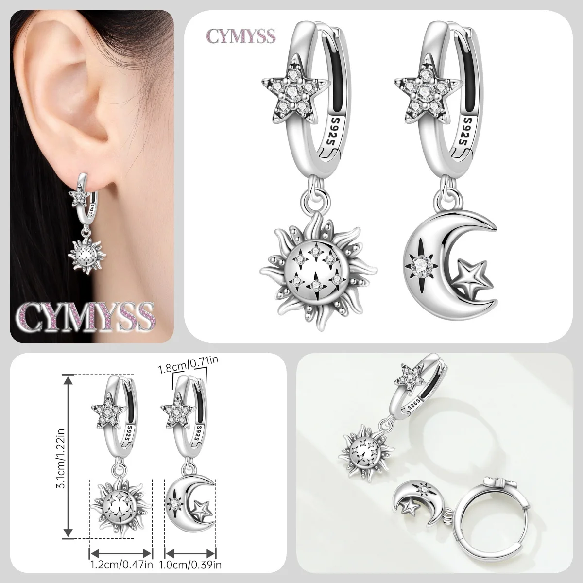 Original 925 Sterling Silber Sterne Mond Bunter Herz-Zirkon Satelliten-Ohrringe Schmuck Creolen für Damen Party Trendige Geschenke – Detail 28