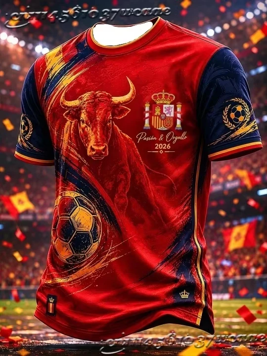 2026 Summer Unisex Spain Fan Soccer Jersey Bull National Emblem Pattern Background Casual Street Athletic Uniform FamilyMatching