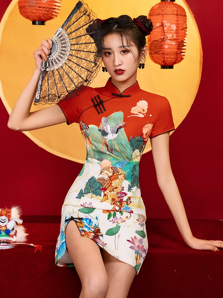 2024 pakaian luar wanita gaya nasional seksi Cina rok A-line tradisional pendek cheongsam Kasual ruang depan S M L XL XXL XXL