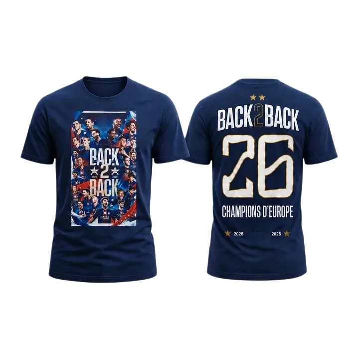 Camiseta 2026 PSG Back 2 Back CHAMPIONS D’EUROPE para homens e mulheres, roupas de algodão de verão, gola redonda, manga curta, unissex