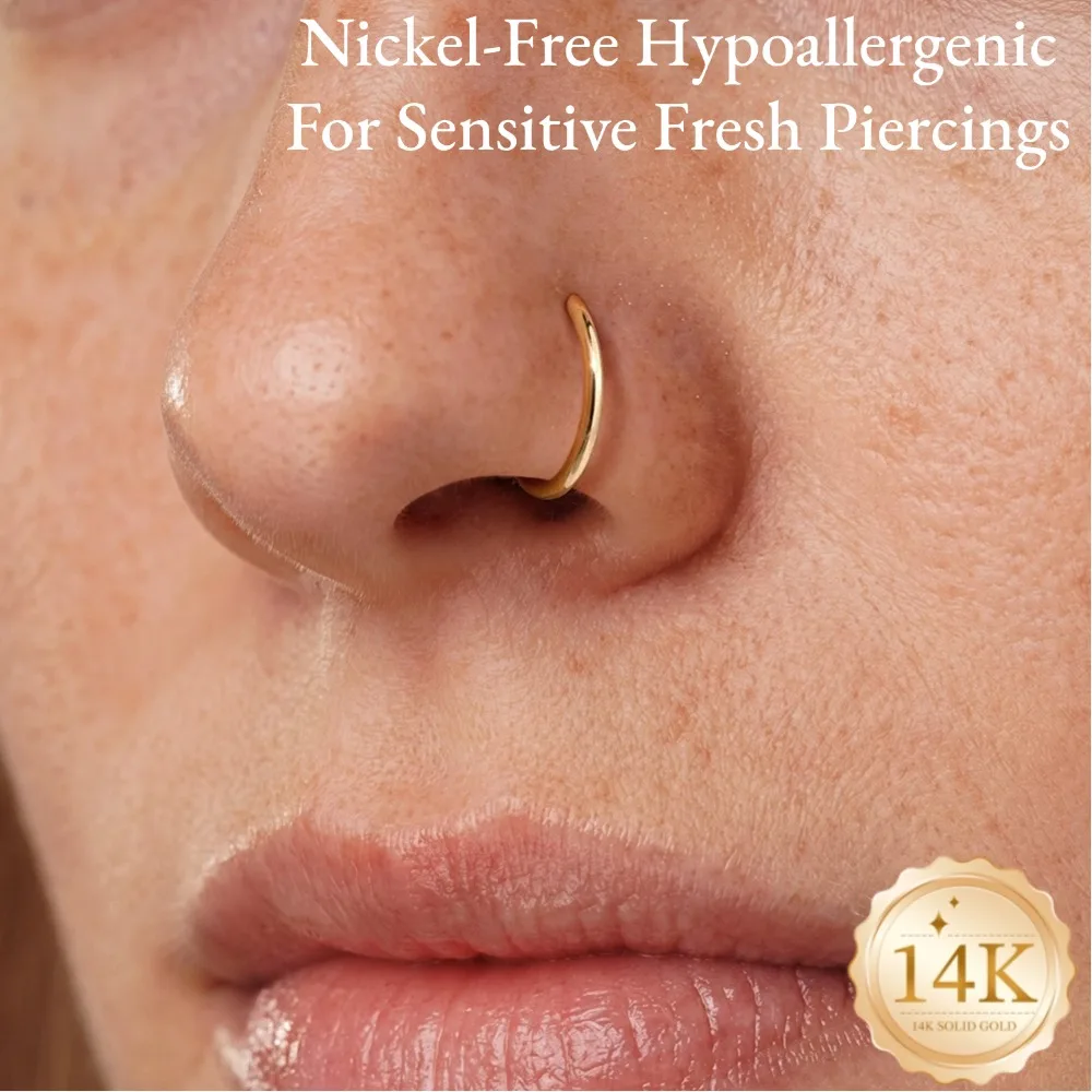 DIeSchein 14K Solid Gold Nose Ring Minimalist Nose Piercing Ring Tiny Septum Helix Tragus Lip Cartilage Ring Jewelry