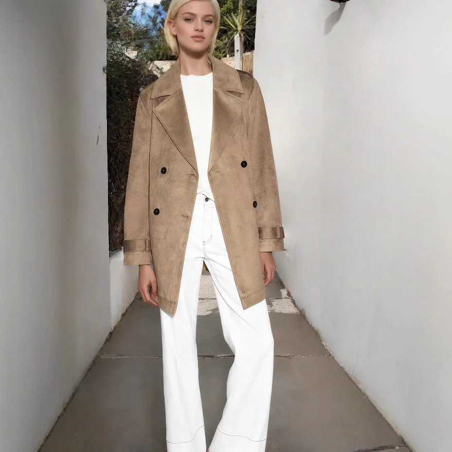 

2025 Autumn Winter New Women Light Brown Double Breasted Faux Suede Effect Windbreaker Coat Versatile Style
