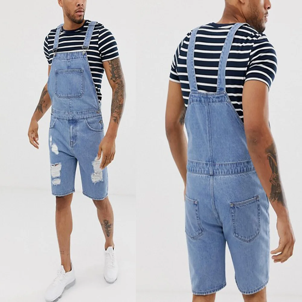 

Trendy Men's New-style Denim Shorts with Holes, Fashionable One-piece Workwear Suspender Pants for Young People on The Street.