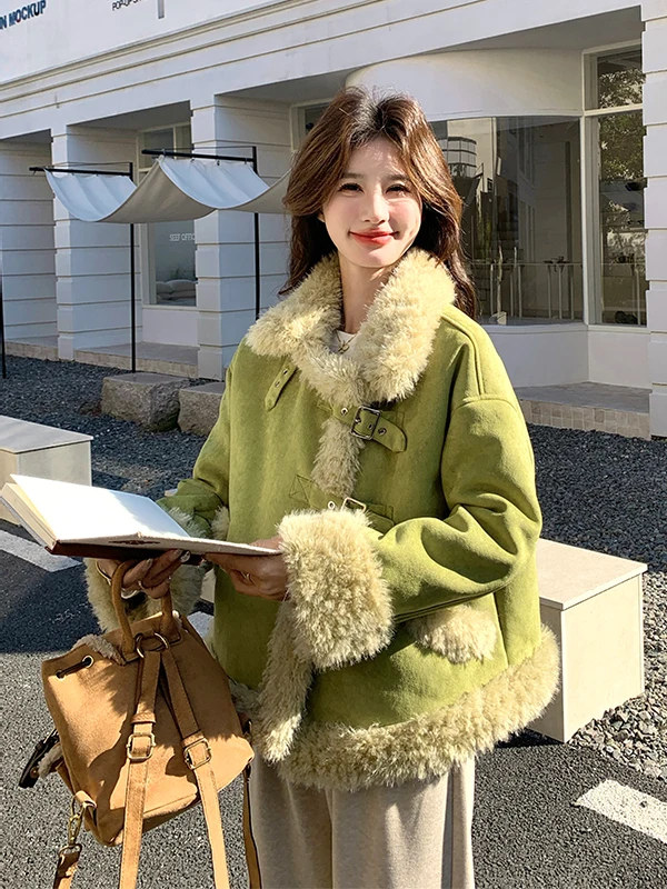 Damska kurtka z owczej wełny, bardzo ciepła, bawełniana bluzka, skórzana kurtka z futerkiem, nowość na jesień i zimę.