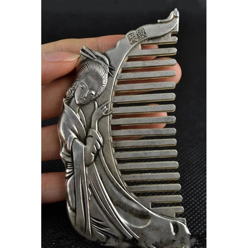 Collectible handwork white copper & Tibetan silver carving beautiful usable beauty comb