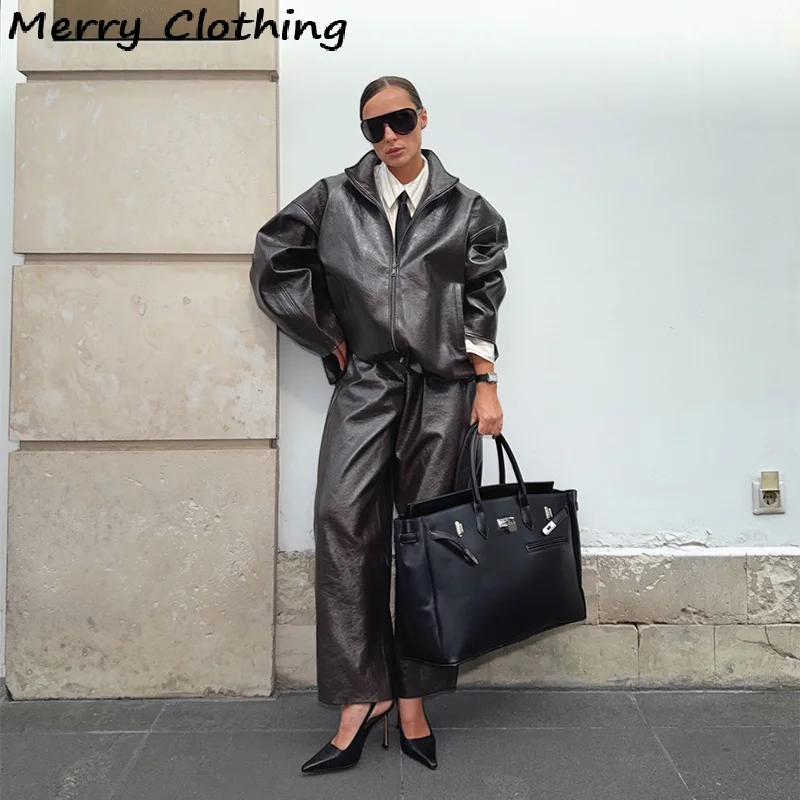 

Woman Leather Two Piece Set Stand Collar Zipper Jacket Straight Solid Long Skirt 2025 New Autumn Versatile Street Lady Outfits