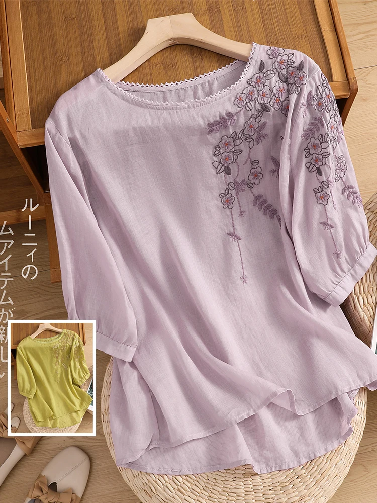 

Тонкая футболка из хлопка и льна с вышивкой в стиле ретро, женская футболка большого размера с кружевным воротником, повседневный топ нестандартной формы Ele Agel