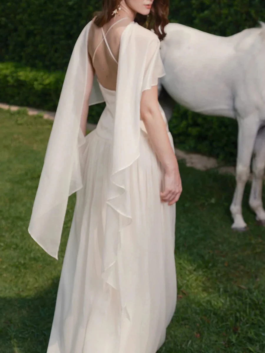 White Elegant Spliced Ribbon Long Dresses for Women Round Neck Sleeveless High Waist Temperament Bridesmaid Dress Female New