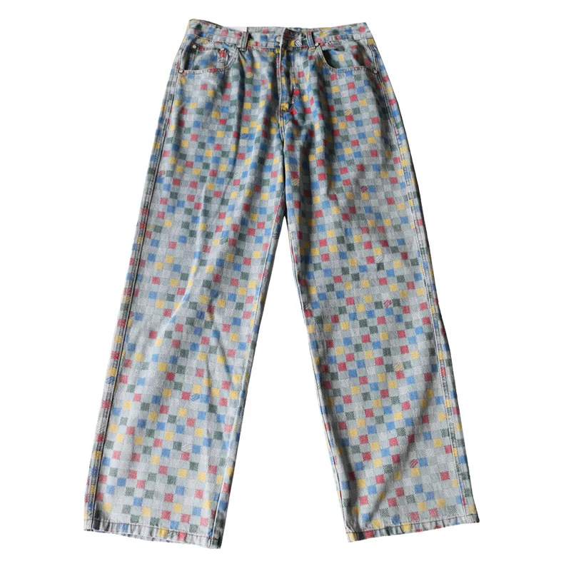 2025 new small grid jeans men's fashion street hip hop trendy printed straight tube loose high street wide leg pants