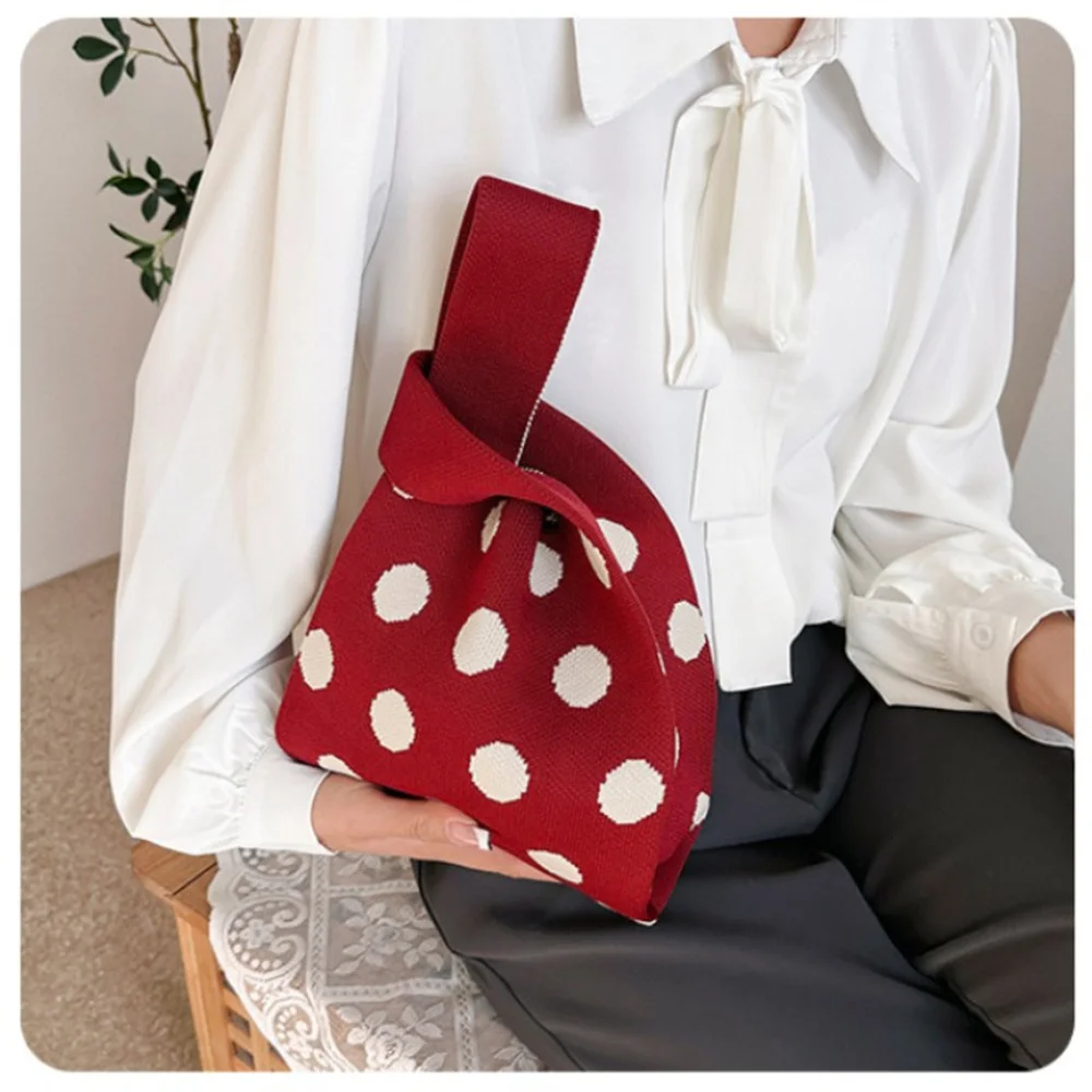 Original Design Polka Dot Knitted Bag Fashion Hollow Out Tote Ladies Female Woven Shopper Purse Lady Crossbody Handbag Chic