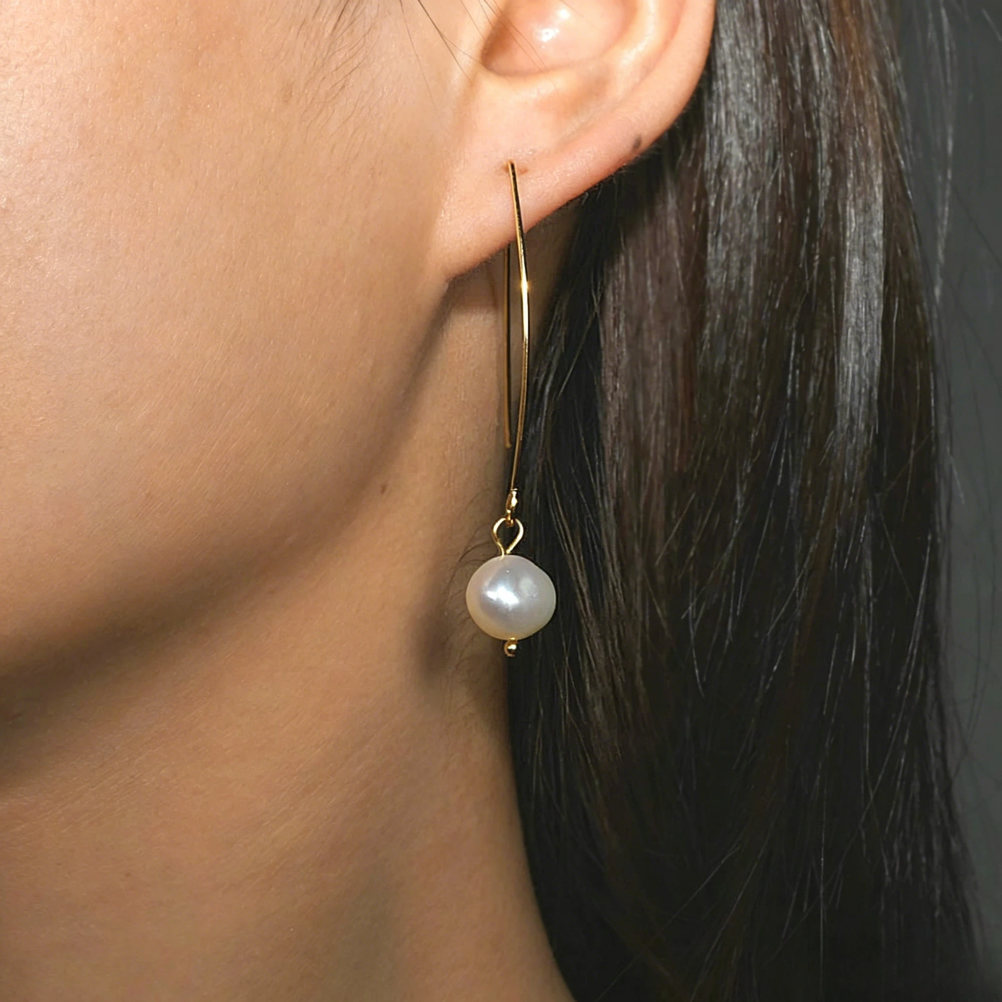 Curved Thin Bar Dangle Imitation Pearl Threader Earrings 316 Stainless Steel Gold Minimalist Long Drop Pearl Ear Jewelry