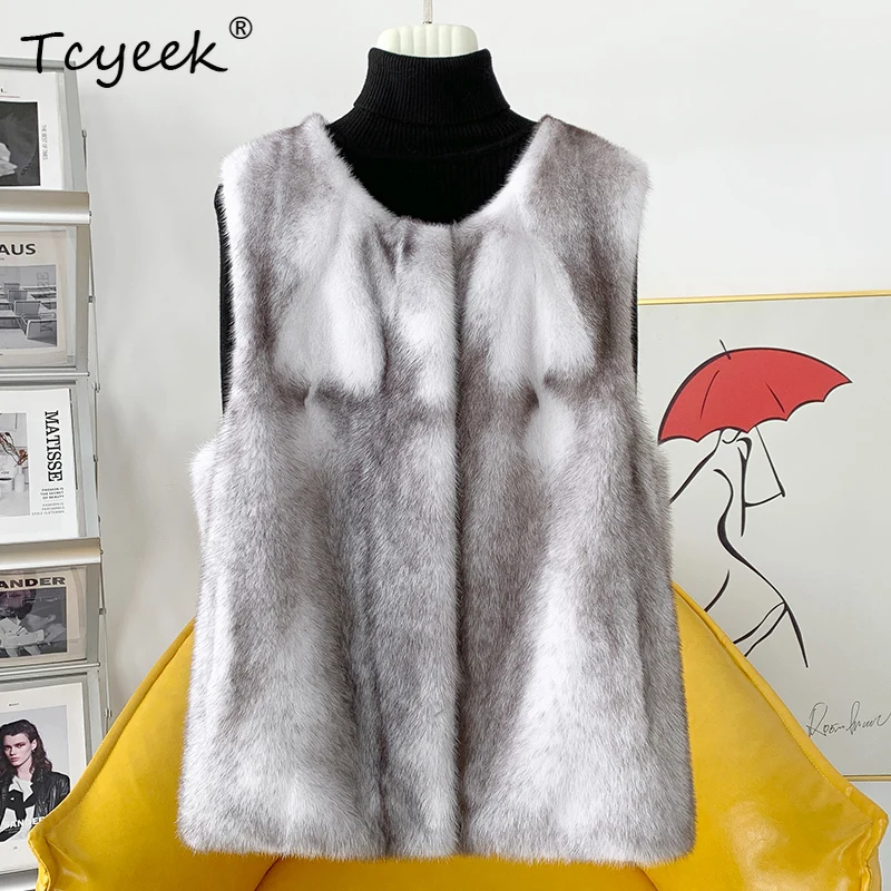 Tcyeek colete de pele de vison cruz natural feminino 2025 outono inverno roupas estilo curto coletes de pele real para mulher casacos de vison inteiro