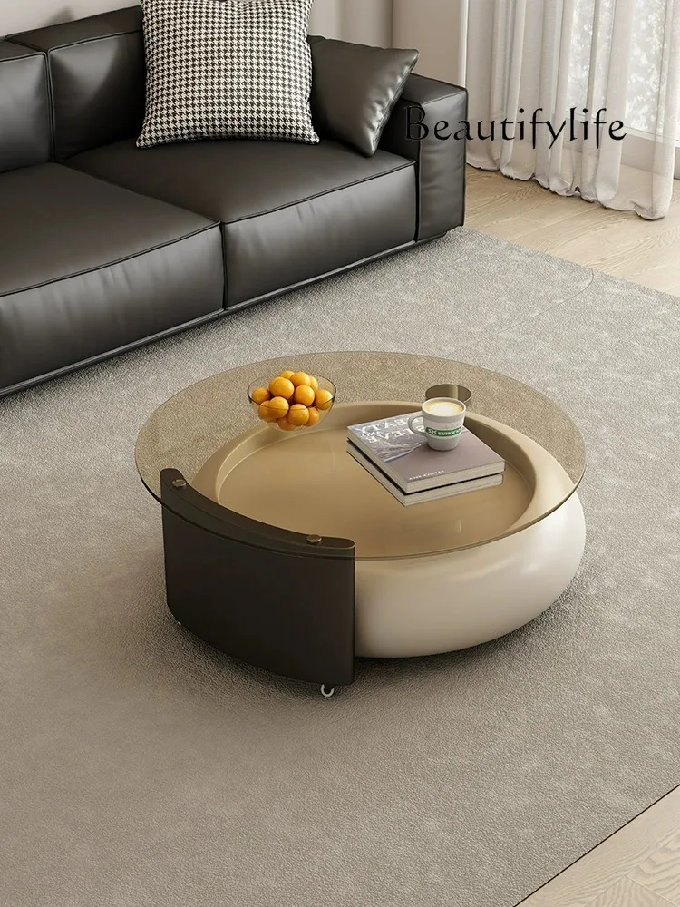 Cream Style Rotating Coffee Table Living Room round Light Luxury High-Grade Designer Tempered Glass Coffee Table