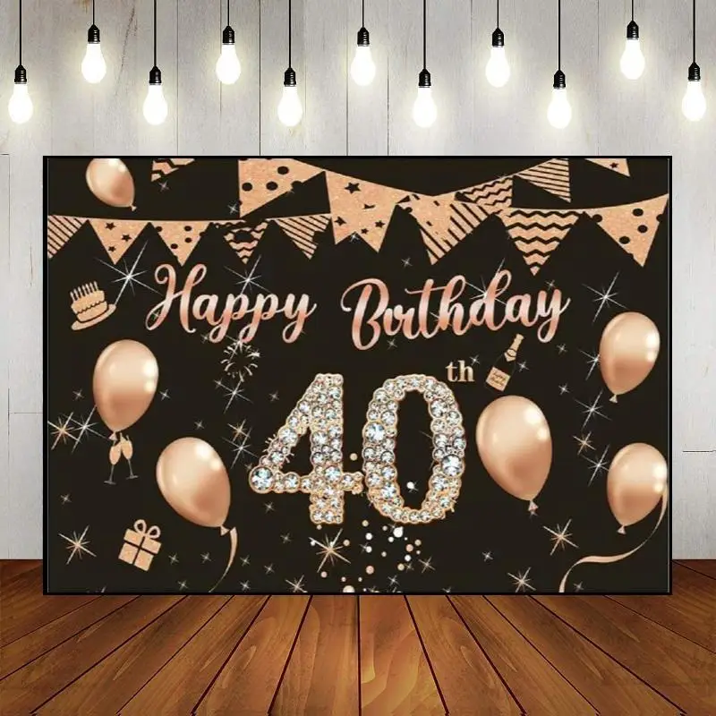 Golden Party Wall Balloon Happy 40th Birthday 40year The Breath of Youth Banner Man Woman Photography Backdrop Background Photo