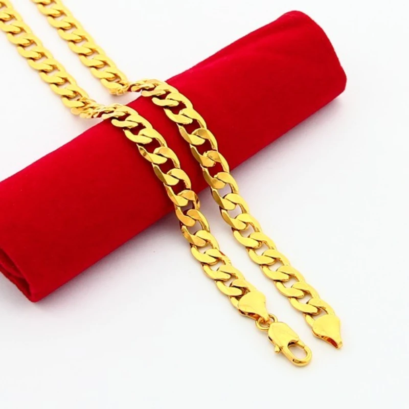 Pure Gold Color Men\'s 10mm Curb Cuban Chain Necklace,24k Gold Plated Link Chain Necklace for Men 50cm-75CM Hip Hop Party Jewelry