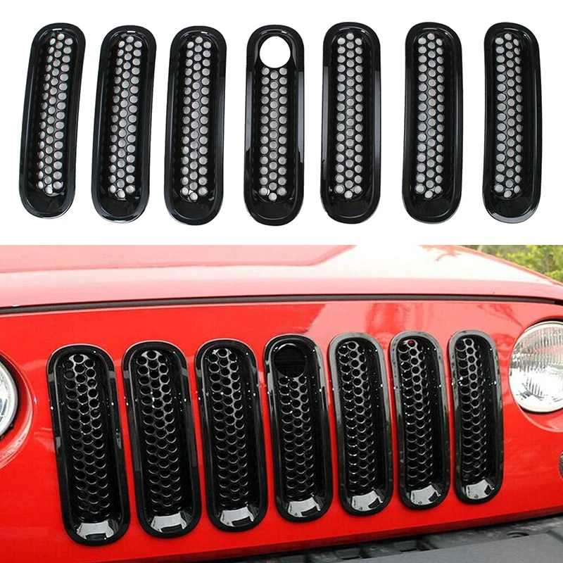 Top Mesh Grill Insert for Jeep Wrangler JK Front 7pcs Kit with Lock Hole Black Car Accessories Grille Trim