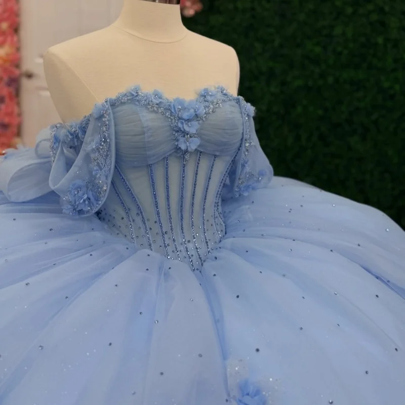 

Blue Quinceanera Dresses Off the Shoulder Golden Decal 3D Flower Long tail Bow Vestido De 15 Quinceanera Customize