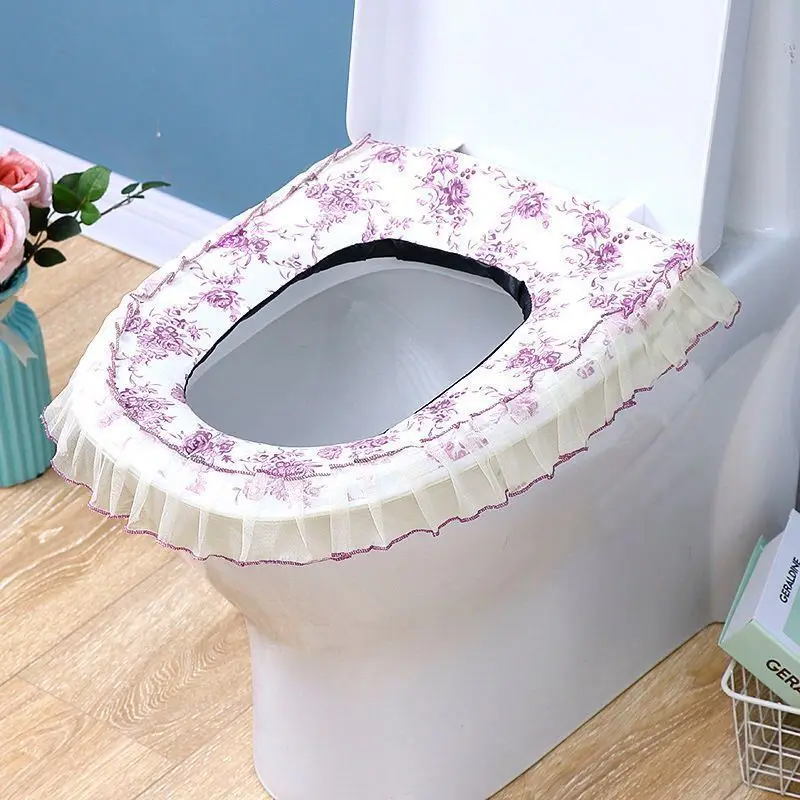 Toilet Seat Cover Lace Design Floral Spring Autumn Bathroom Washable Three-piece Korean Style Household Merchandises Accessories