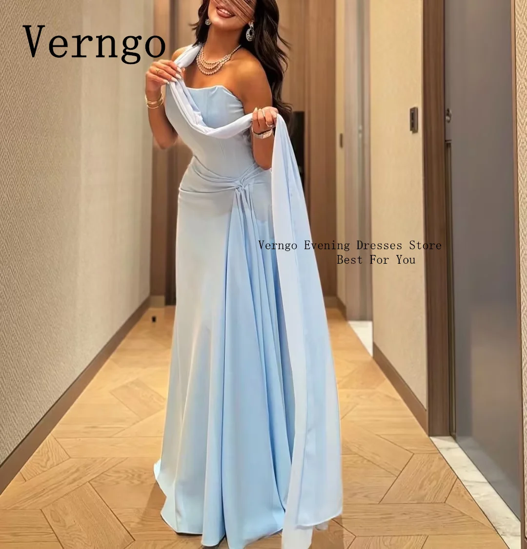 Verngo Blue Crepe Prom Gowns Women Simple Strapless A Line Formal Evening Dress 2024 Maxi Elegant Arabic Prom Party Dress