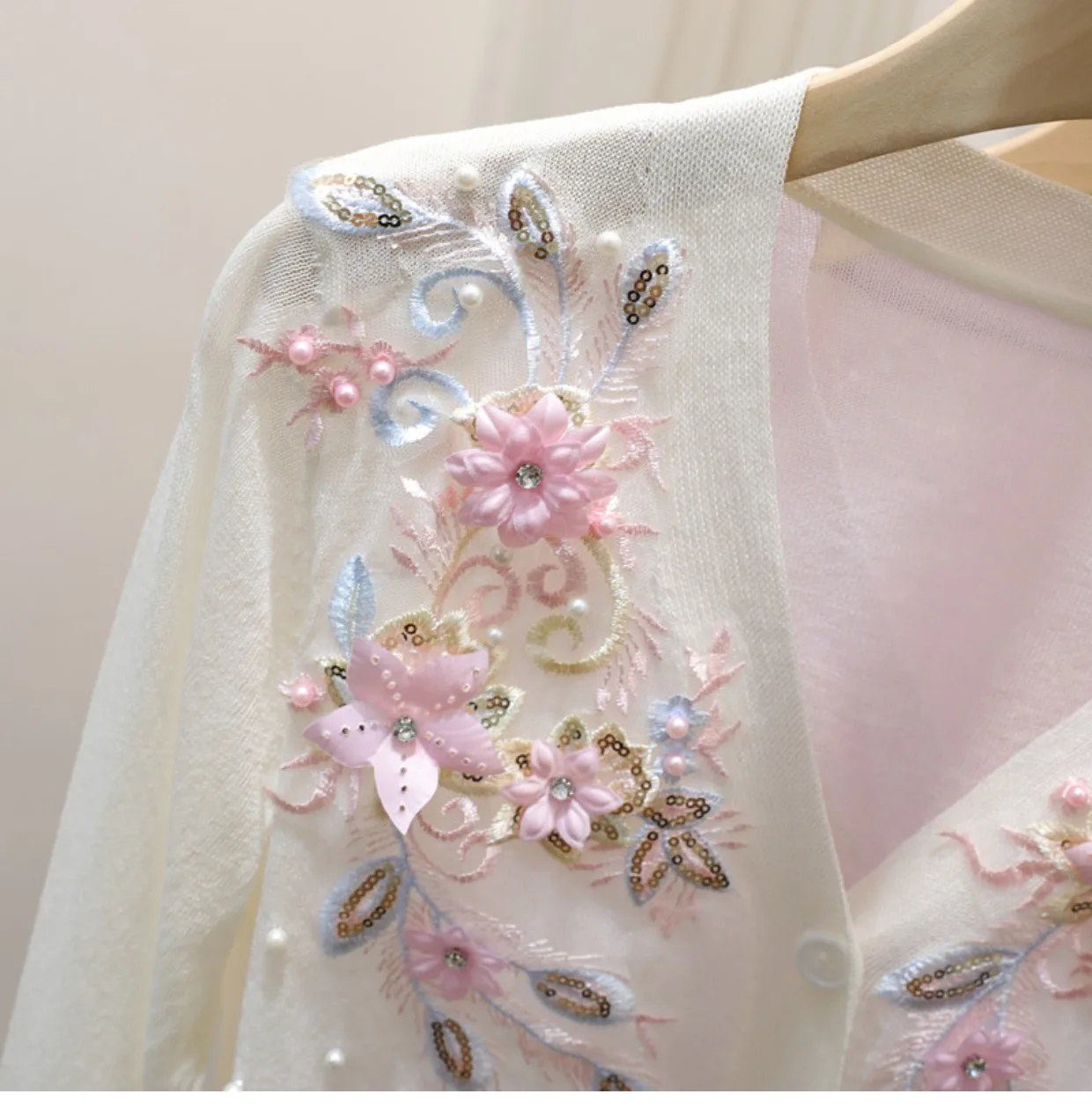 Rhinestone Autumn Luxury Beading Knitted Cardigan Women Heavy Industry Pearl Shiny Crystal 3D Flower Sweater Outwear