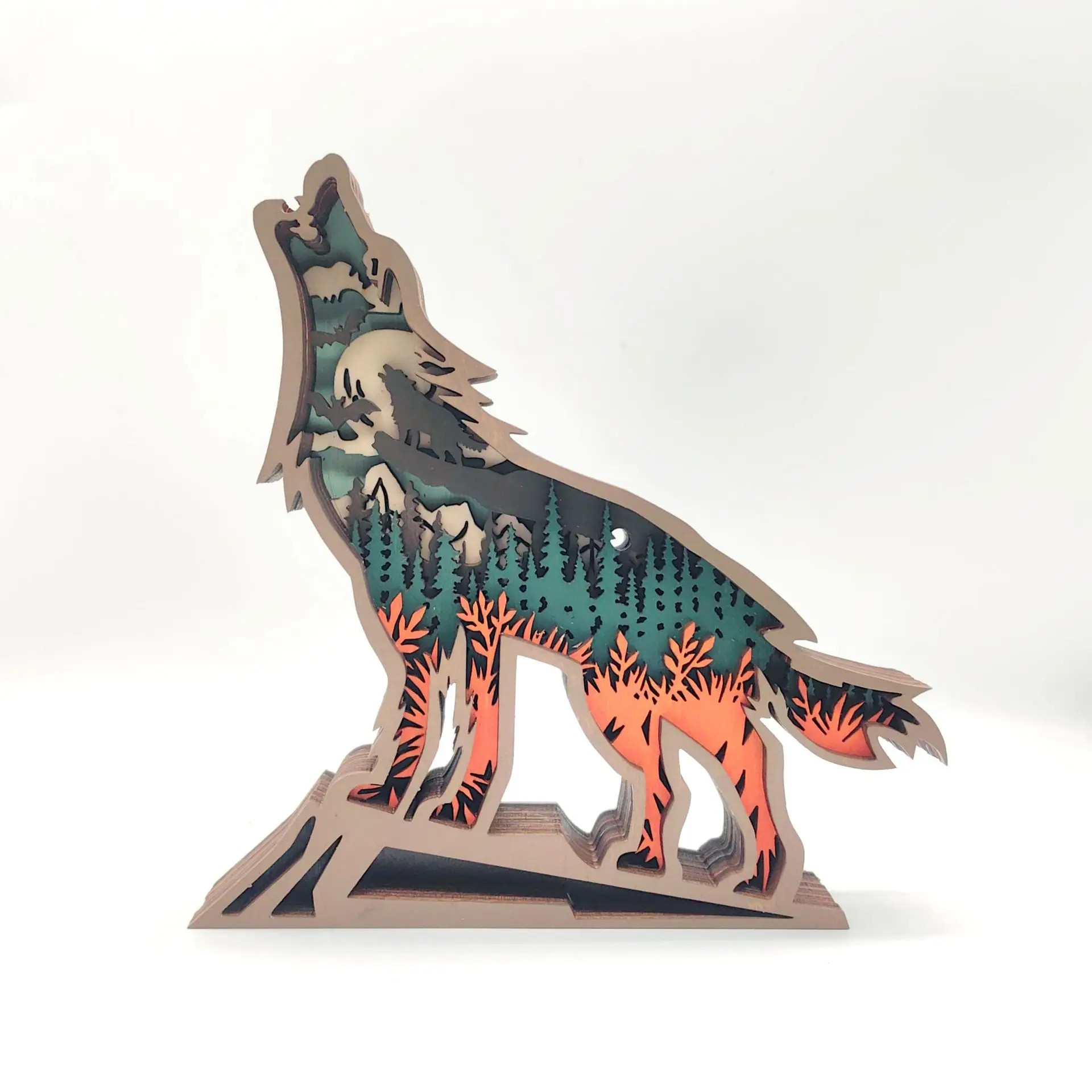 2024 New Nordic Style Creative Wooden Carving Wolf Forest Animals with Lighting Wood Crafts Ornaments Home Accessories