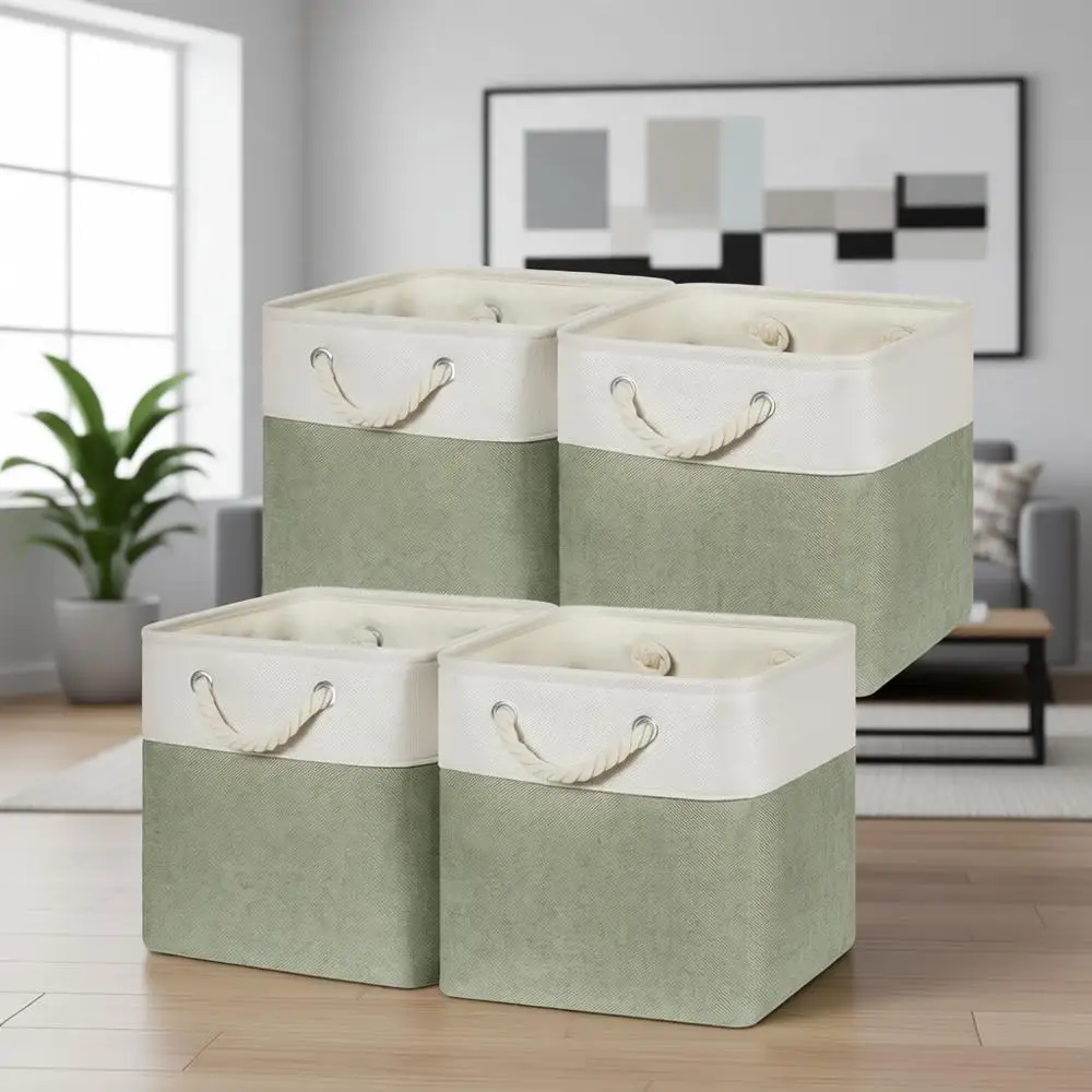 

11 Inch Fabric Storage Bins with Rope Handles - 4 Pack, White & Green, Ideal for Organizing Toys, Clothes, and Decor