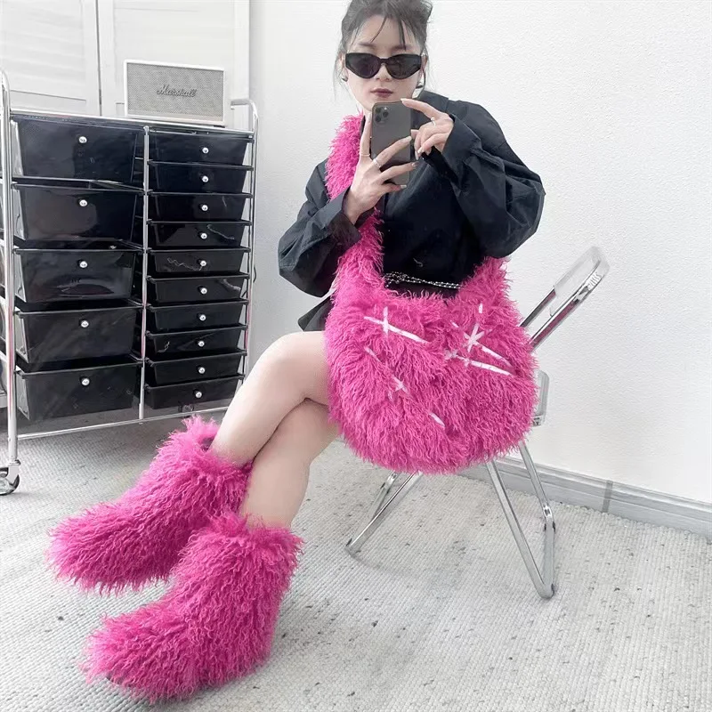 New Cool Tote Bag And Fluffy Mongolian Fur Platform Snow Boots Set Faux Wool Fleece Women's Suit Punk Y2K Hot Girl Style Boots