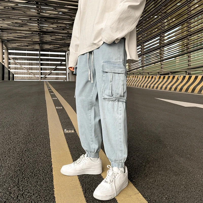 

Men's Summer Cuffed Pants Casual Thin Denim Jeans Thin Loose Straight Pants Drawstring Elastic Waist Korea Casual Trousers F24