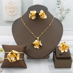 African Gold Plated Earrings Pendant for Women Dubai Luxury Flower Jewelry Set Italy Lady Fashion Bracelet Ring Party Gift