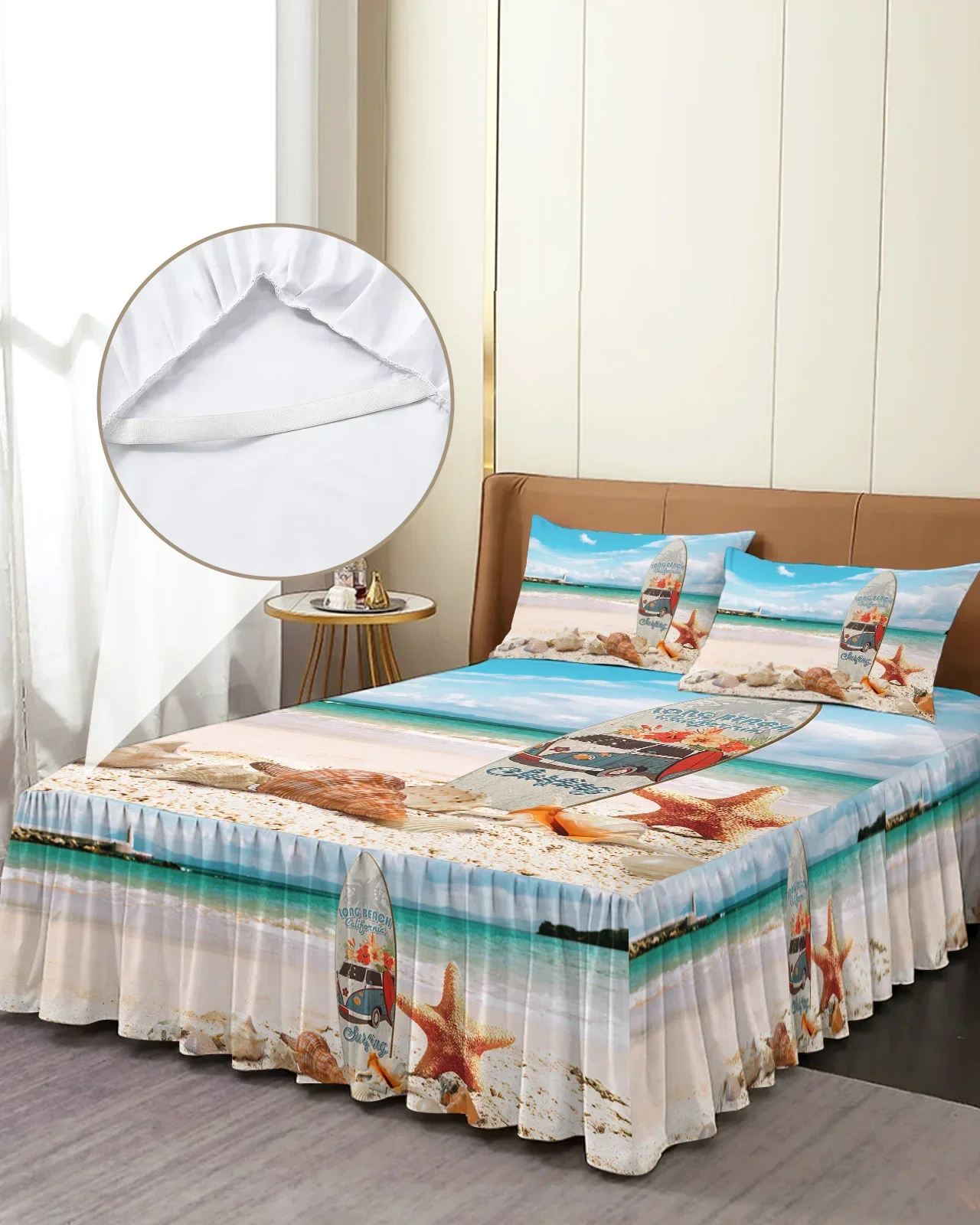 Surfboard Beach Starfish Shell Bed Skirt Elastic Fitted Bedspread With Pillowcases Mattress Cover Bedding Set Bed Sheet