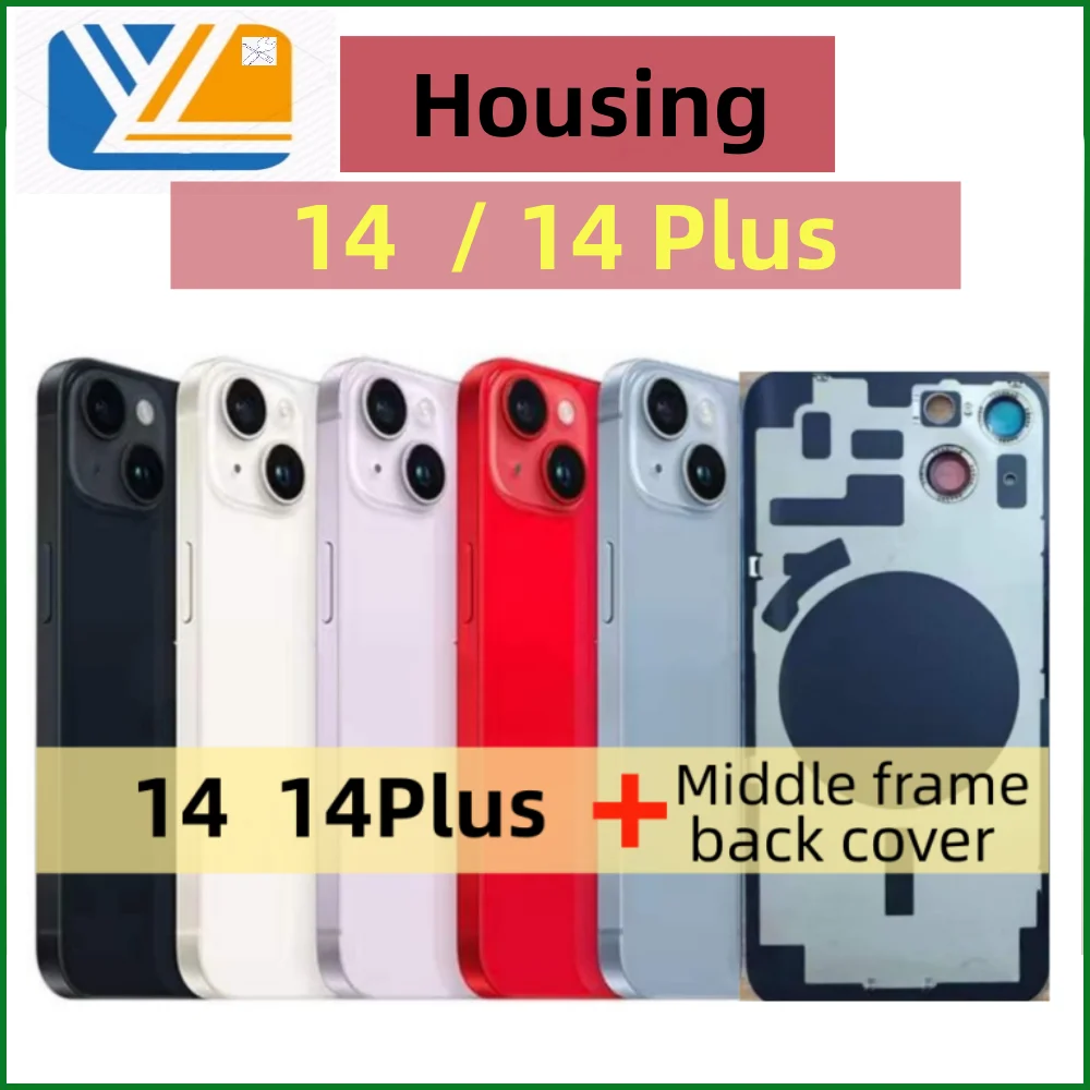 for iPhone 14 14Plus Back Housing Battery Door Glass Cover Back Glass+Middle Frame Chassis+Steel Plate+SimCard Tray+Side Buttons