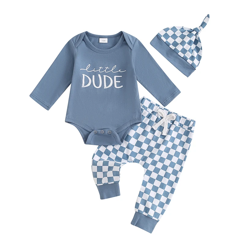

Baby Boys 3PCS Outfit Sets Long Sleeve Letter Print Romper Checkerboard Print Pants Hat Sets