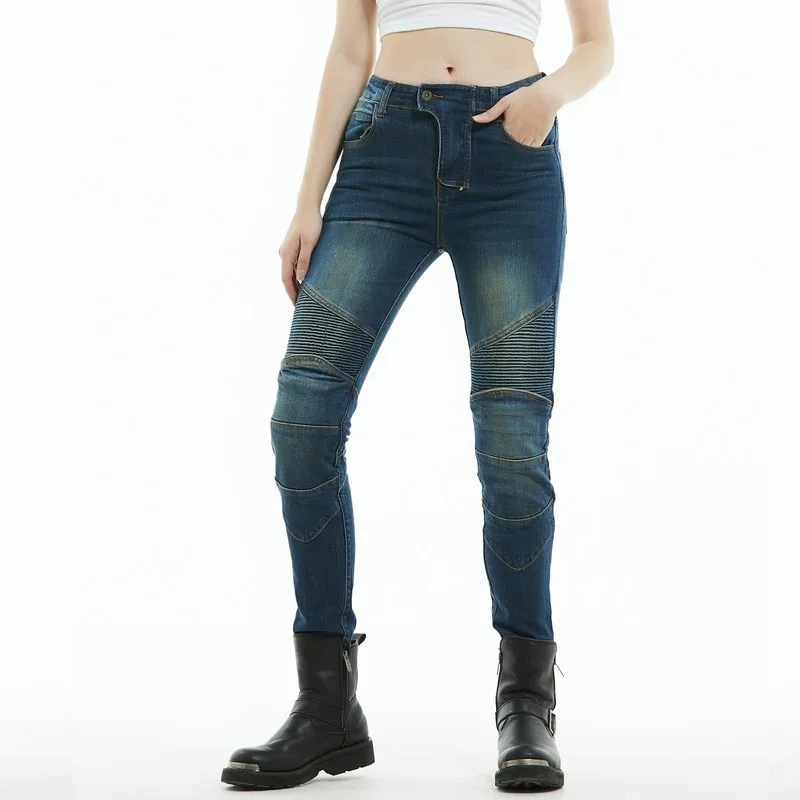 

Fashion 2026 Ladies Distressed Stretch Biker Jeans Vintage Anti-Fall Motorcycle Riding Pants with Protective Gear