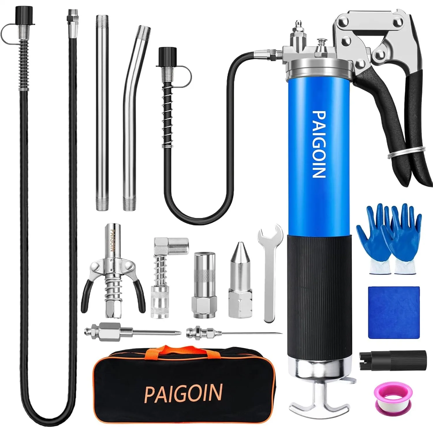 

Grease Gun Kit 8000 PSI Heavy Duty 14 OZ with 19" & 28" Spring Flex Hose, Quick Release Coupler, Needle Tips, Nozzles