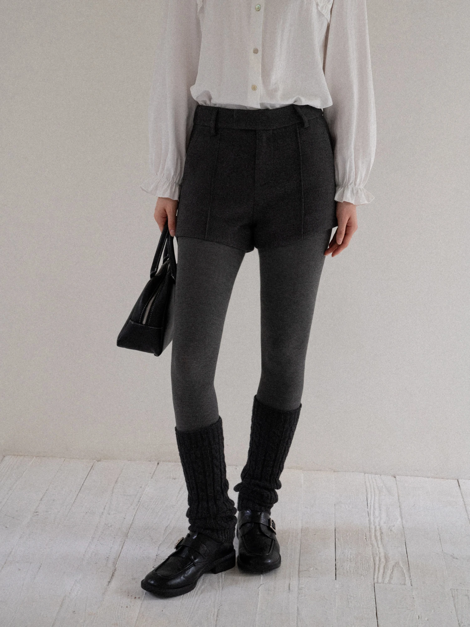 

High Waist Grey Woolen Shorts Women's Vintage Straight Leg Slimming Casual Pants EGGKA Fashion Polyester Fiber Zipper Closure