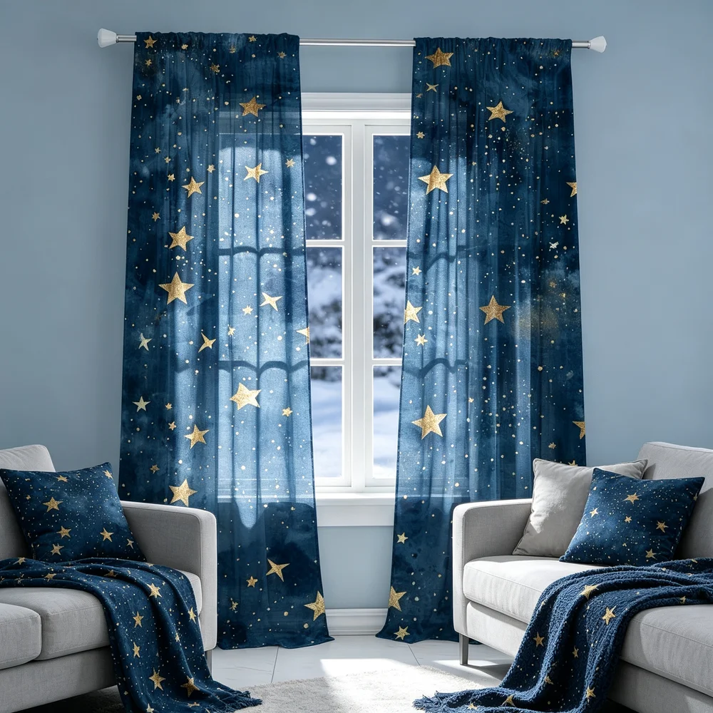 2PCS Sheer Curtains, Deep Blue Gold Stars Night Sky Print, Bedroom Living Room Window Drapes, Rod Pocket Polyester, Home Decor