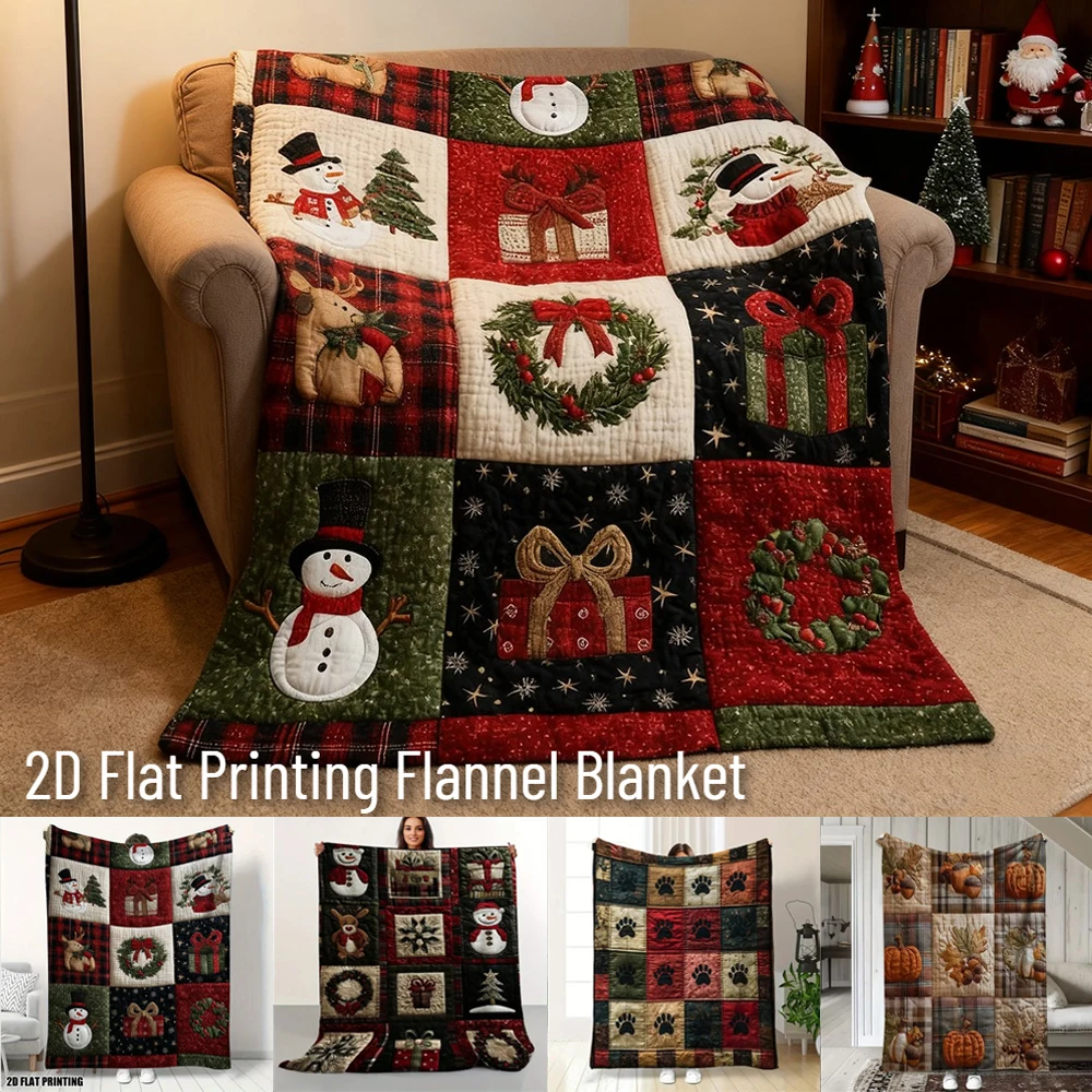 

1PC Festive Christmas Blankets Checkered Snowman Gift Garland and Reindeer Patterns Flannel Blanket for New Year Home Decoration